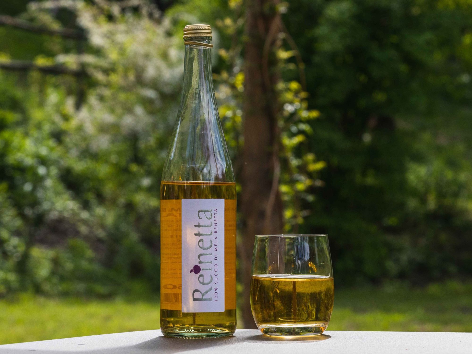 Succo di mela Reinetta Valle d'Aosta - Saint Grat - Tascapan bottiglia e bicchiere