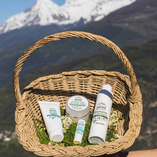 Crema Viso Valle d'Aosta con miele - Tascapan cesto con crema viso mani shampoo e burro cacao